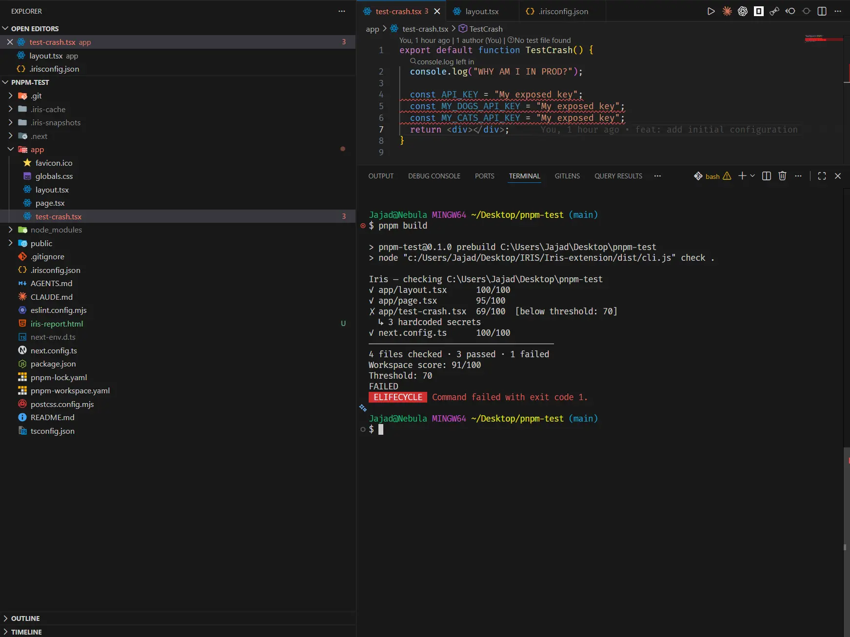 Iris blocking a pnpm build because a file scored below the health threshold