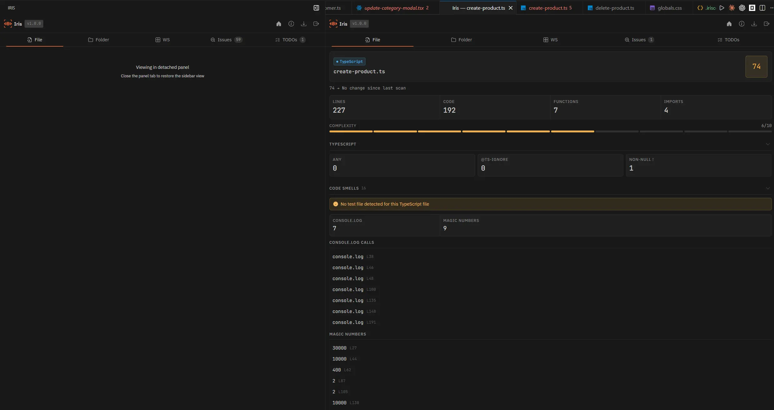 Iris detached panel open in a full editor column beside the code, with the sidebar showing a placeholder
