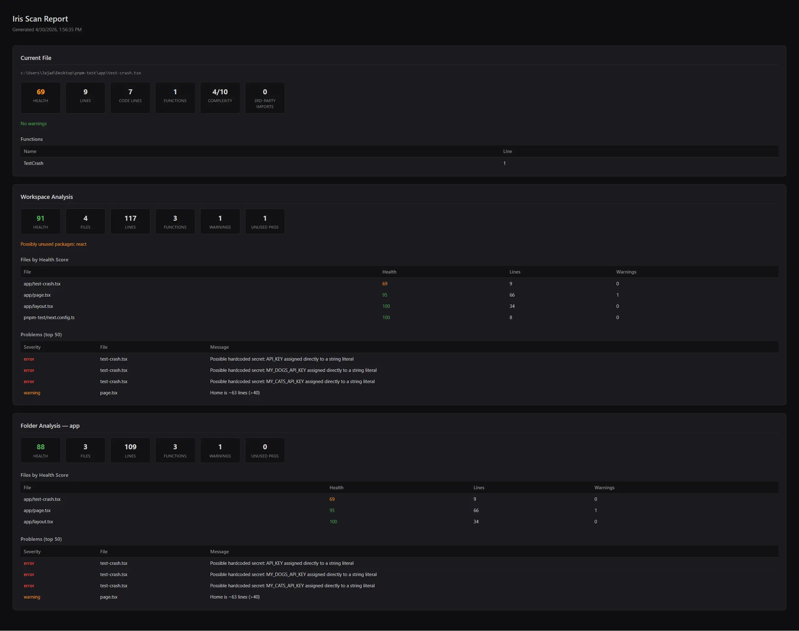 Iris HTML export report showing current file analysis, workspace summary, and folder analysis sections