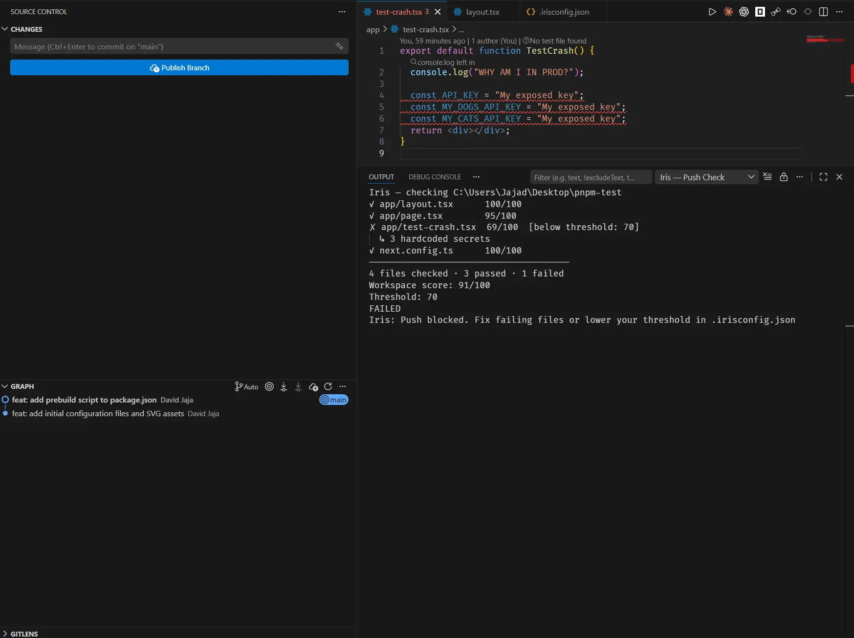 VS Code source control panel showing Iris blocking a push due to a file scoring below the health threshold