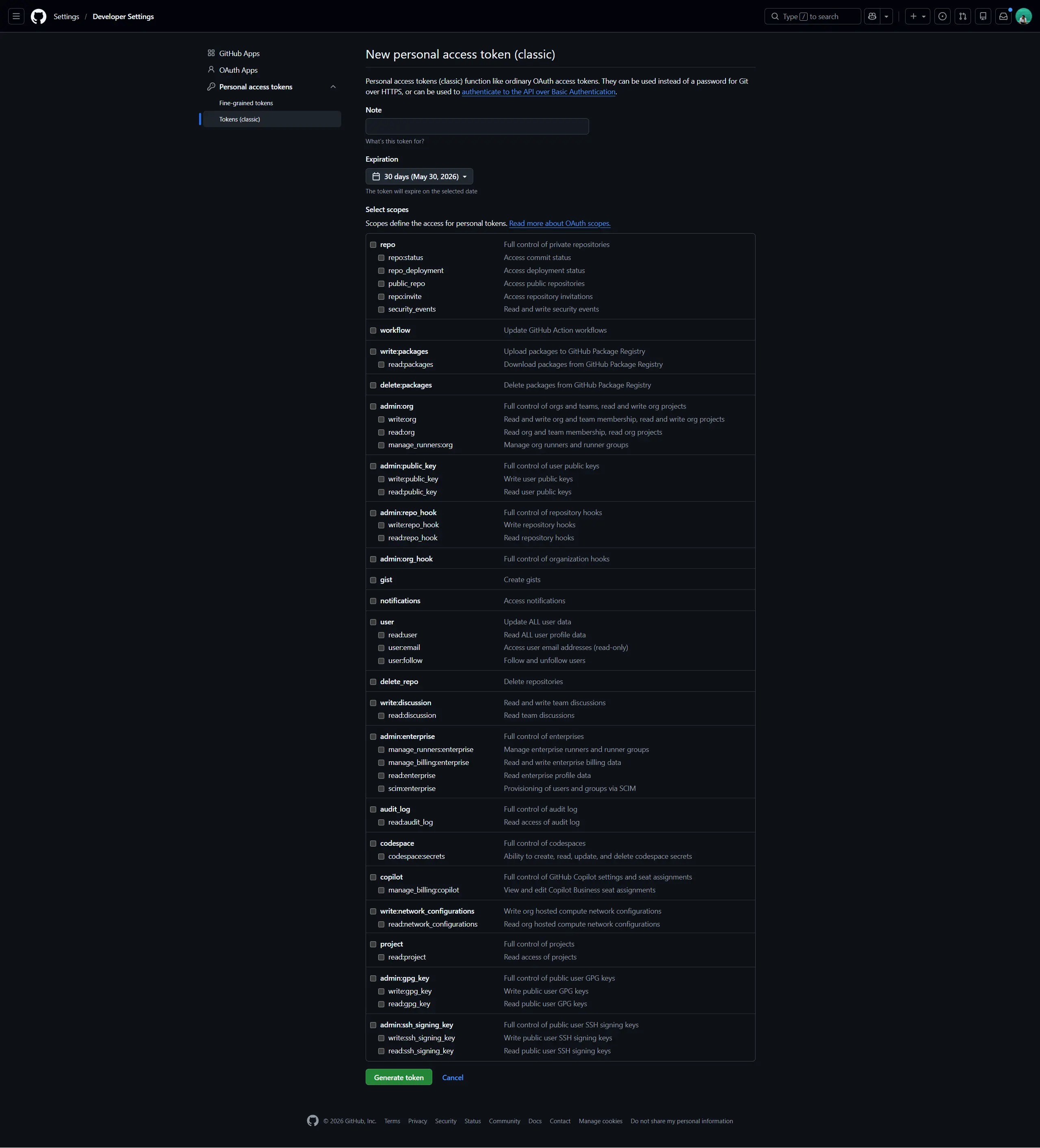 GitHub new personal access token form showing available scopes