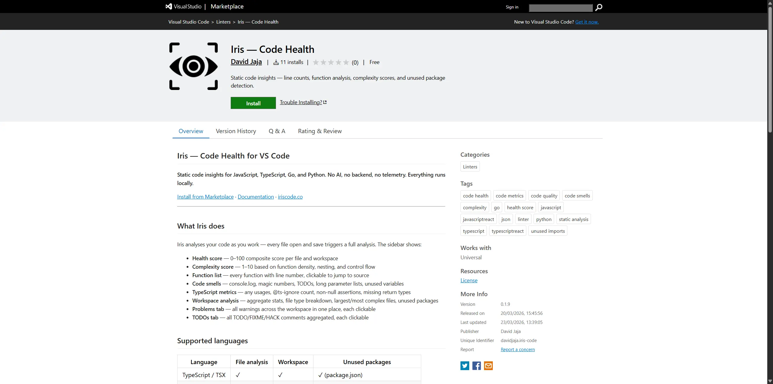 Iris in the VS Code Marketplace