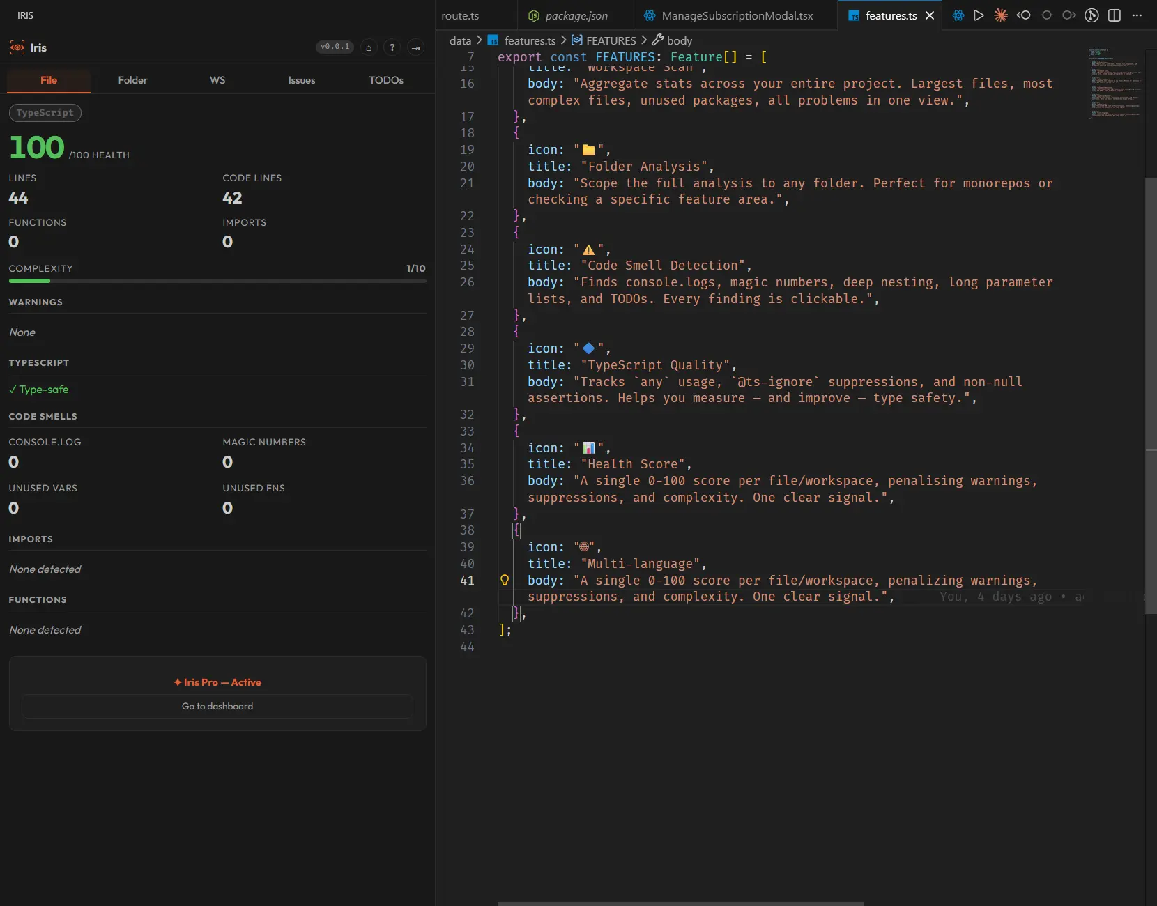 Iris sidebar showing health score, complexity, functions, and smells